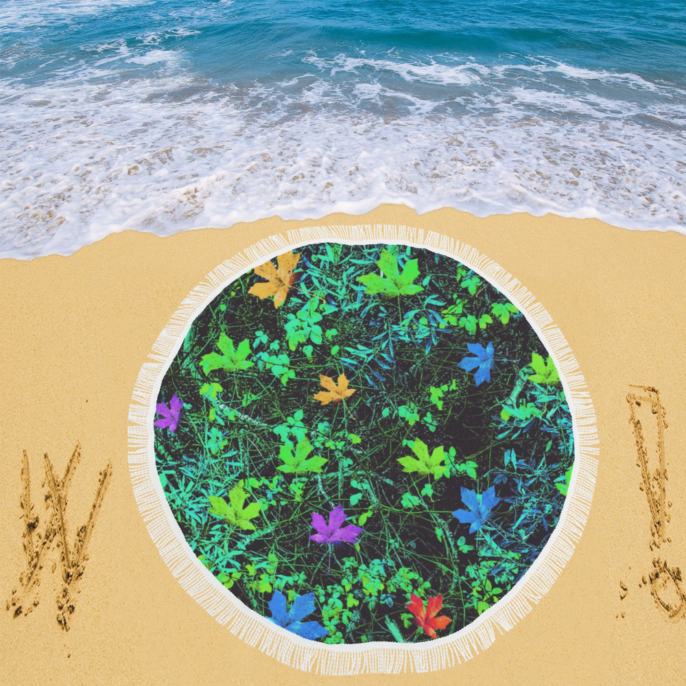maple leaf in pink blue green yellow orange with green creepers plants background Circular Beach Shawl 59"x 59"