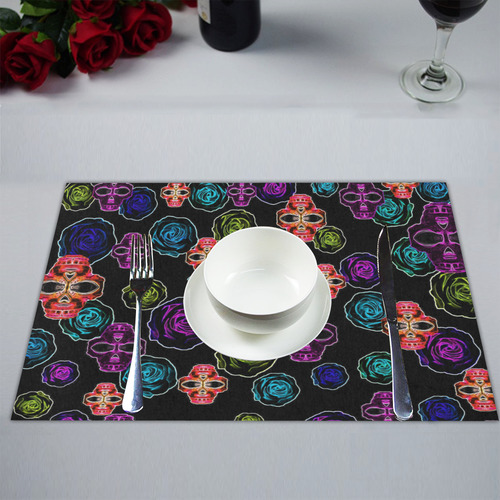 skull art portrait and roses in pink purple blue yellow with black background Placemat 14’’ x 19’’ (Set of 2)