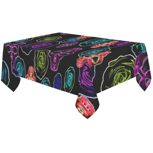 skull art portrait and roses in pink purple blue yellow with black background Cotton Linen Tablecloth 60"x120"