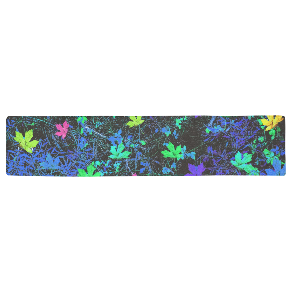 maple leaf in pink green purple blue yellow with blue creepers plants background Table Runner 16x72 inch