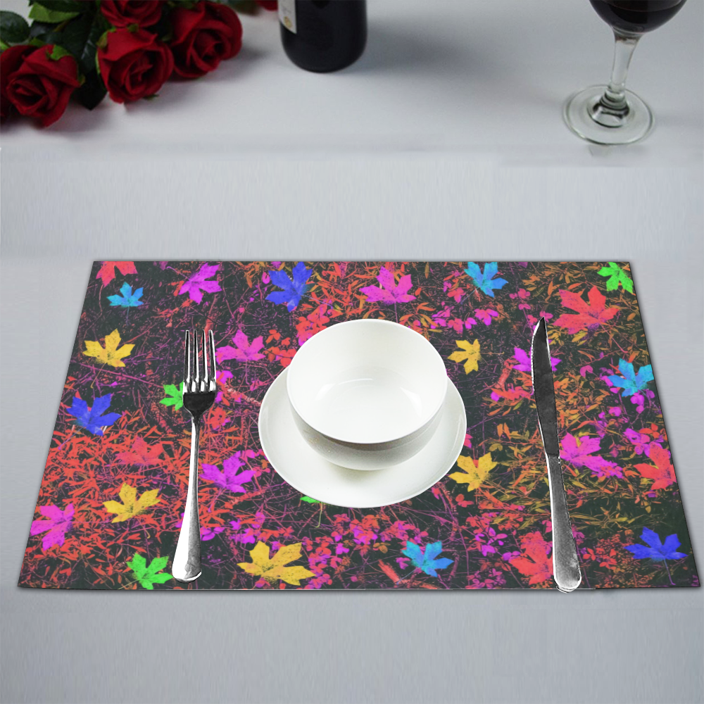 maple leaf in yellow green pink blue red with red and orange creepers plants background Placemat 12’’ x 18’’ (Set of 4)