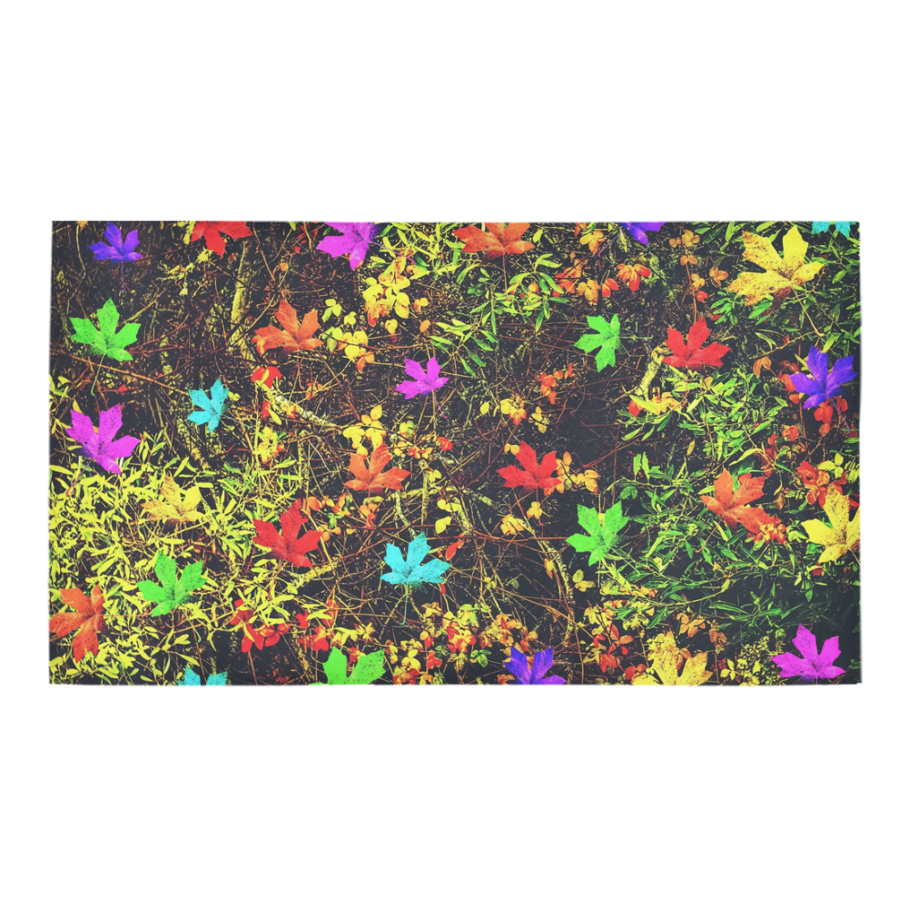 maple leaf in blue red green yellow pink orange with green creepers plants background Bath Rug 16''x 28''