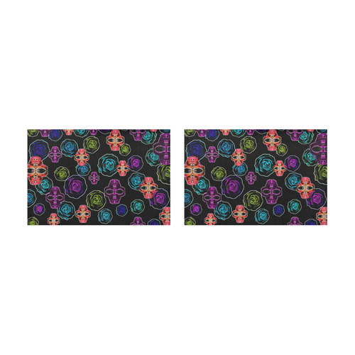 skull art portrait and roses in pink purple blue yellow with black background Placemat 12’’ x 18’’ (Set of 2)