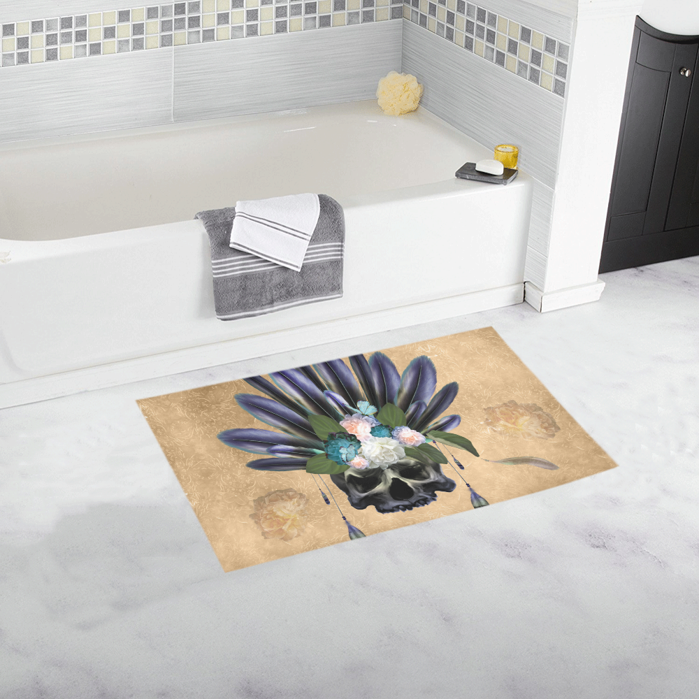 Cool skull with feathers and flowers Bath Rug 16''x 28''