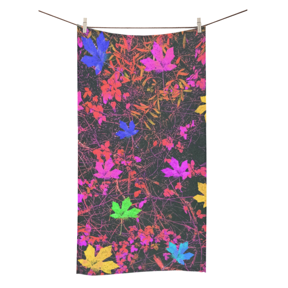 maple leaf in yellow green pink blue red with red and orange creepers plants background Bath Towel 30"x56"