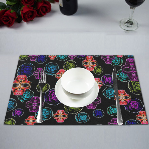 skull art portrait and roses in pink purple blue yellow with black background Placemat 12’’ x 18’’ (Set of 4)
