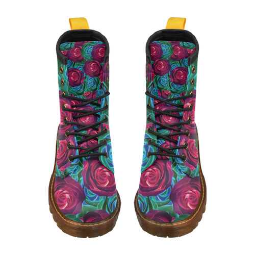 closeup blooming roses in red blue and green High Grade PU Leather Martin Boots For Women Model 402H