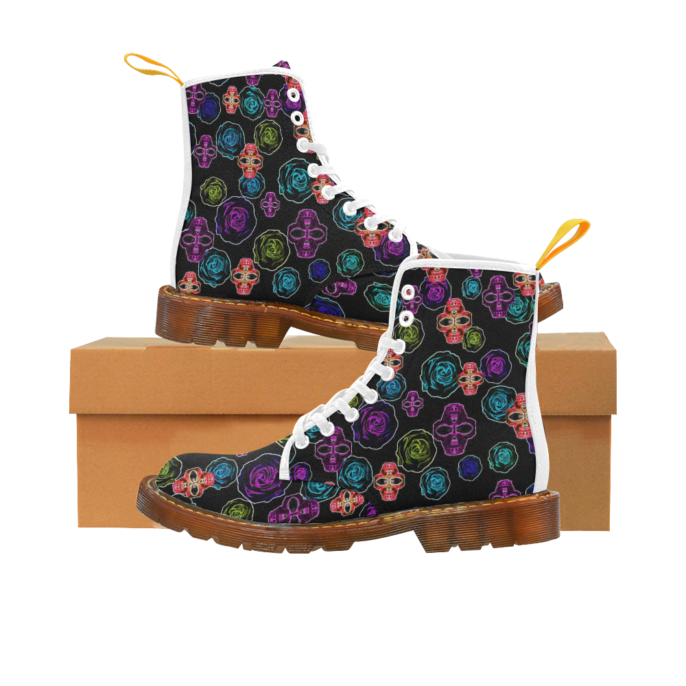 skull art portrait and roses in pink purple blue yellow with black background Martin Boots For Women Model 1203H