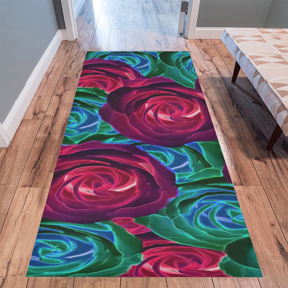 closeup blooming roses in red blue and green Area Rug 9'6''x3'3''