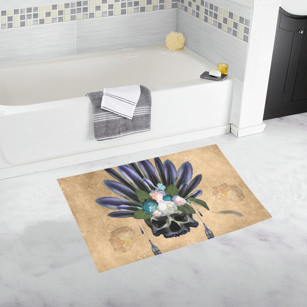 Cool skull with feathers and flowers Bath Rug 20''x 32''