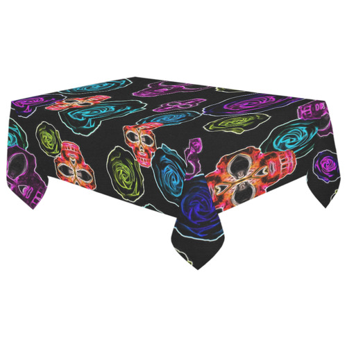 skull art portrait and roses in pink purple blue yellow with black background Cotton Linen Tablecloth 60"x 104"