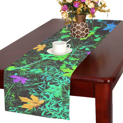 maple leaf in pink blue green yellow orange with green creepers plants background Table Runner 16x72 inch