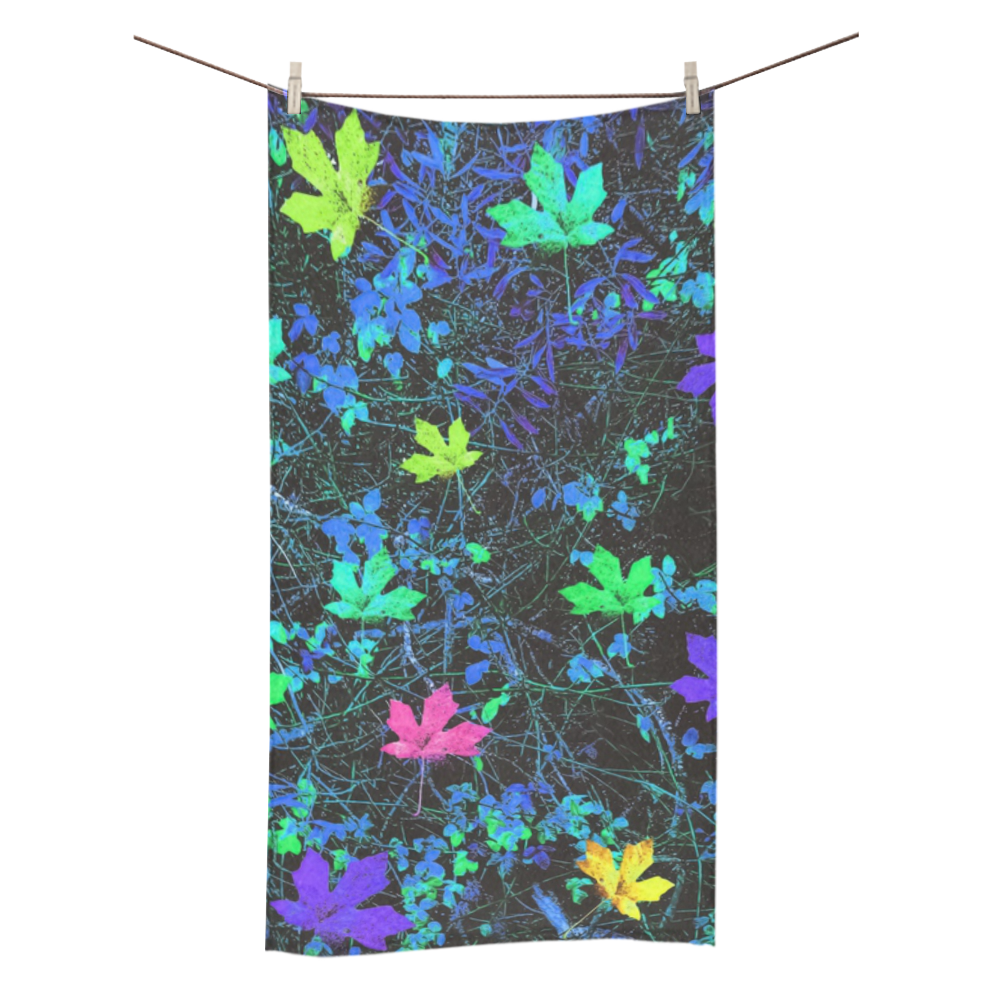 maple leaf in pink green purple blue yellow with blue creepers plants background Bath Towel 30"x56"