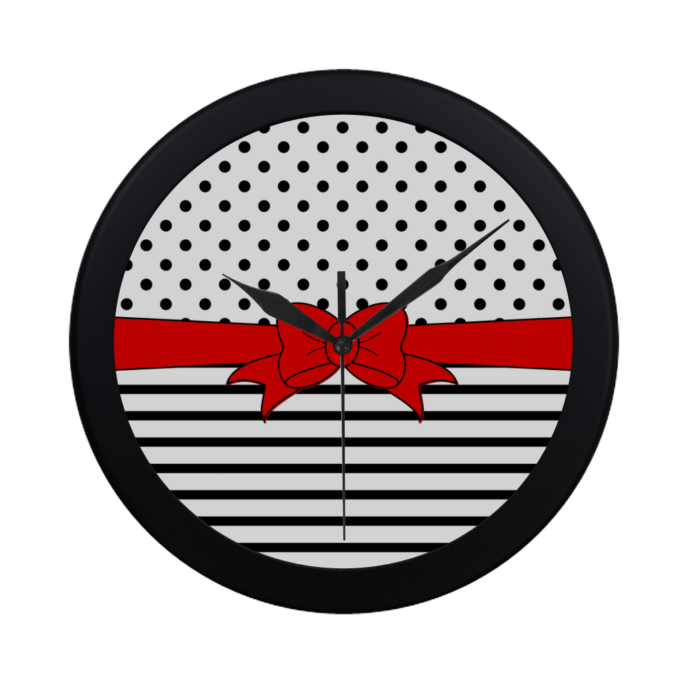 Polka Dots Stripes black white Comic Ribbon red Circular Plastic Wall clock