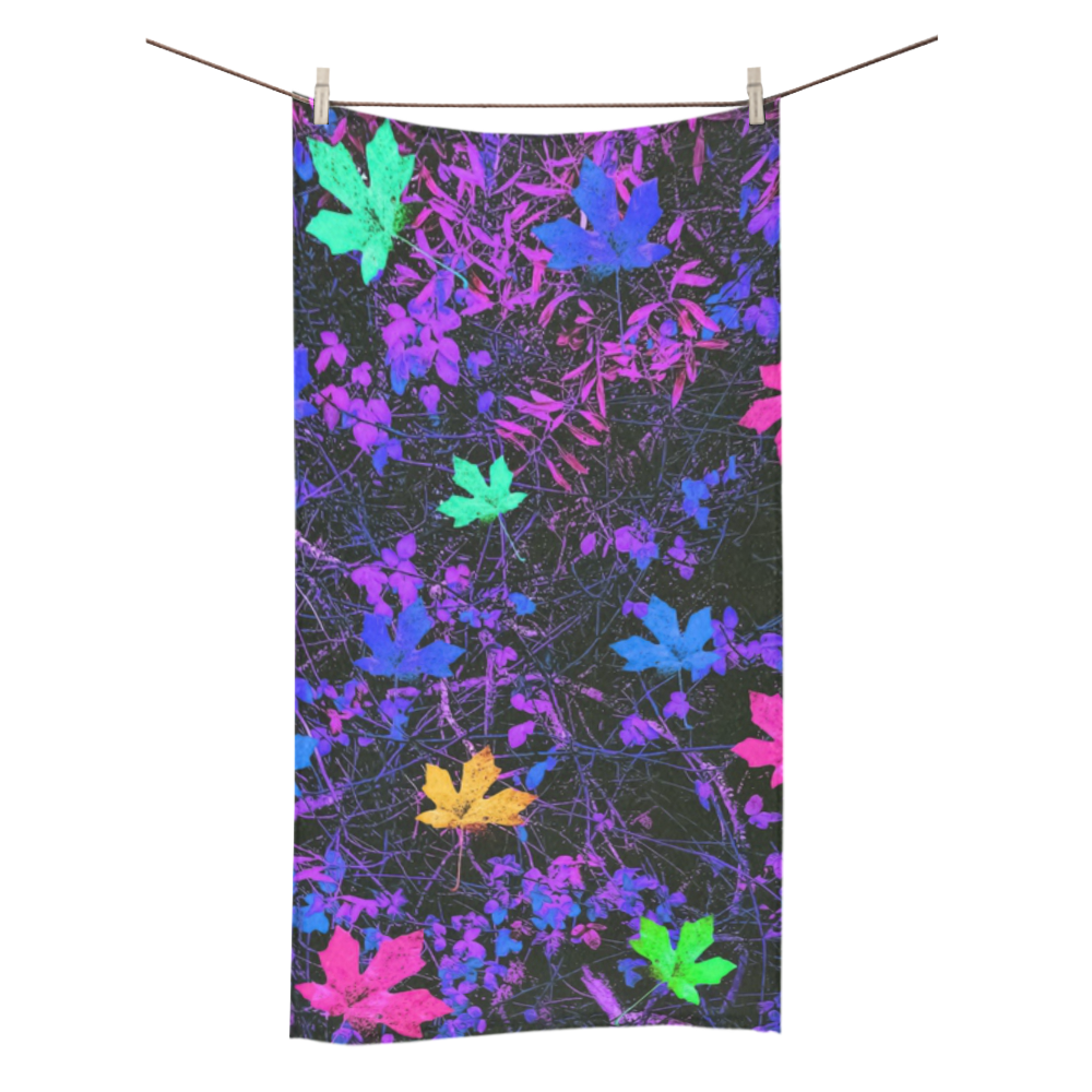maple leaf in pink blue green yellow purple with pink and purple creepers plants background Bath Towel 30"x56"
