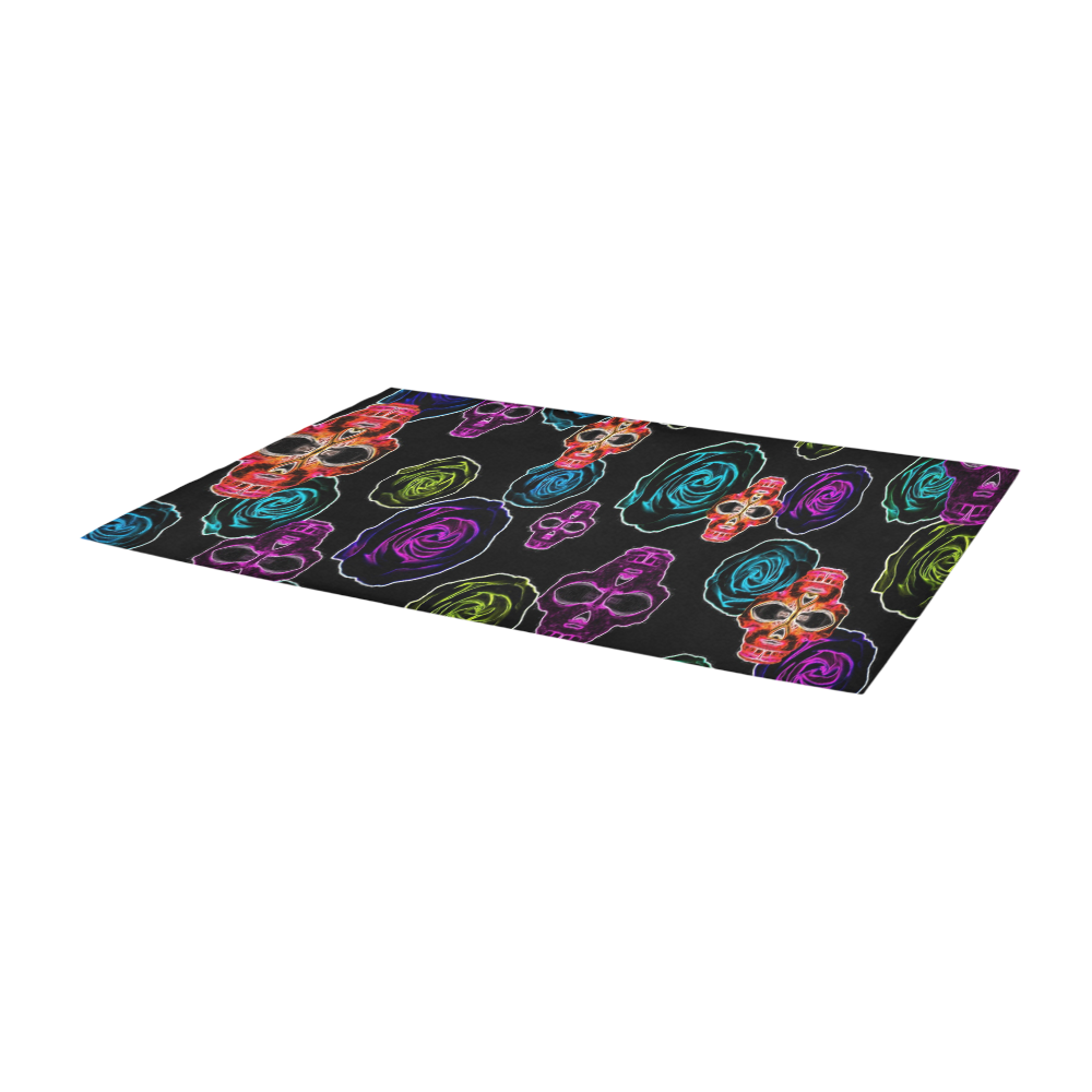 skull art portrait and roses in pink purple blue yellow with black background Area Rug 9'6''x3'3''