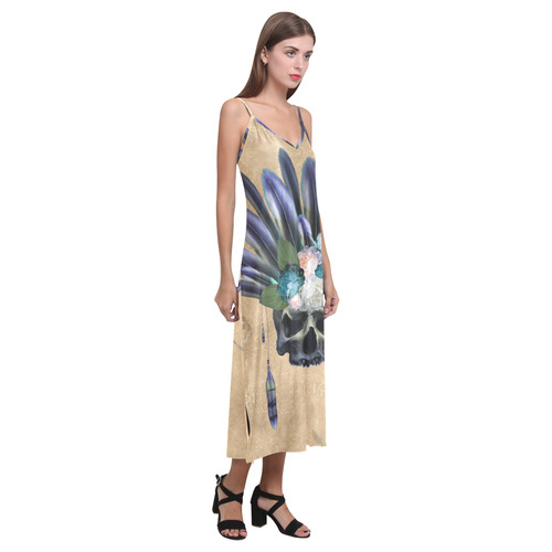 Cool skull with feathers and flowers V-Neck Open Fork Long Dress(Model D18)