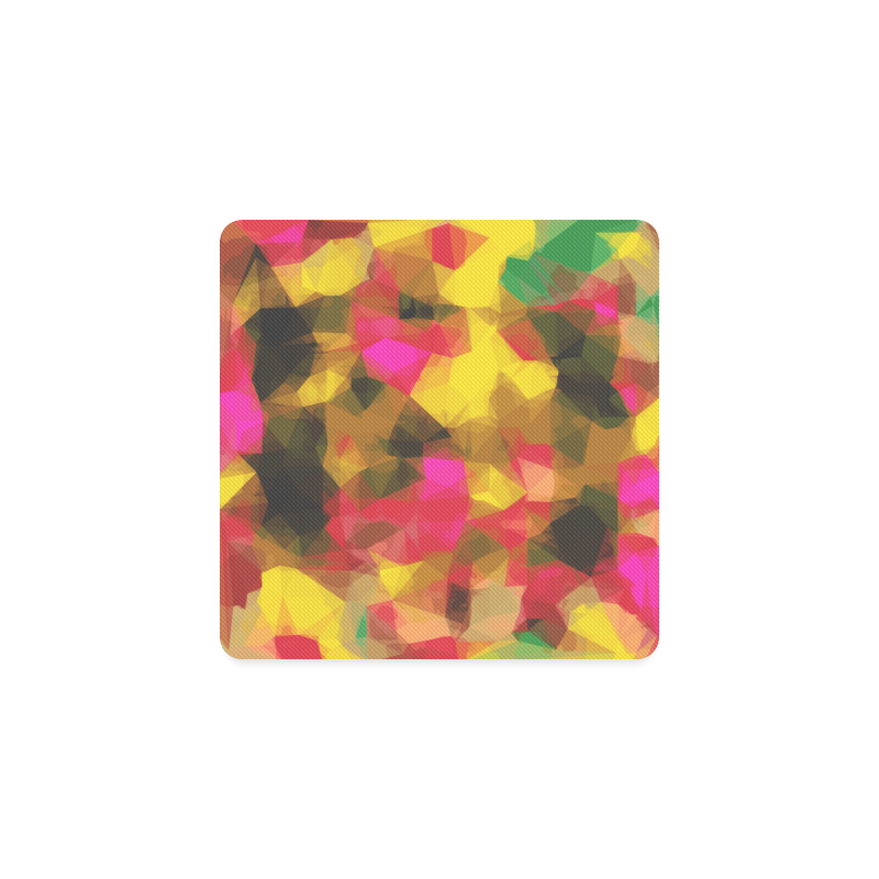 psychedelic geometric polygon shape pattern abstract in pink yellow green Square Coaster