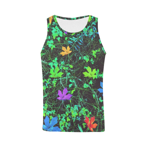maple leaf in pink blue green yellow orange with green creepers plants background All Over Print Tank Top for Men (Model T43)