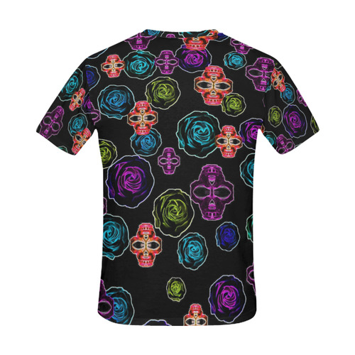 skull art portrait and roses in pink purple blue yellow with black background All Over Print T-Shirt for Men (USA Size) (Model T40)
