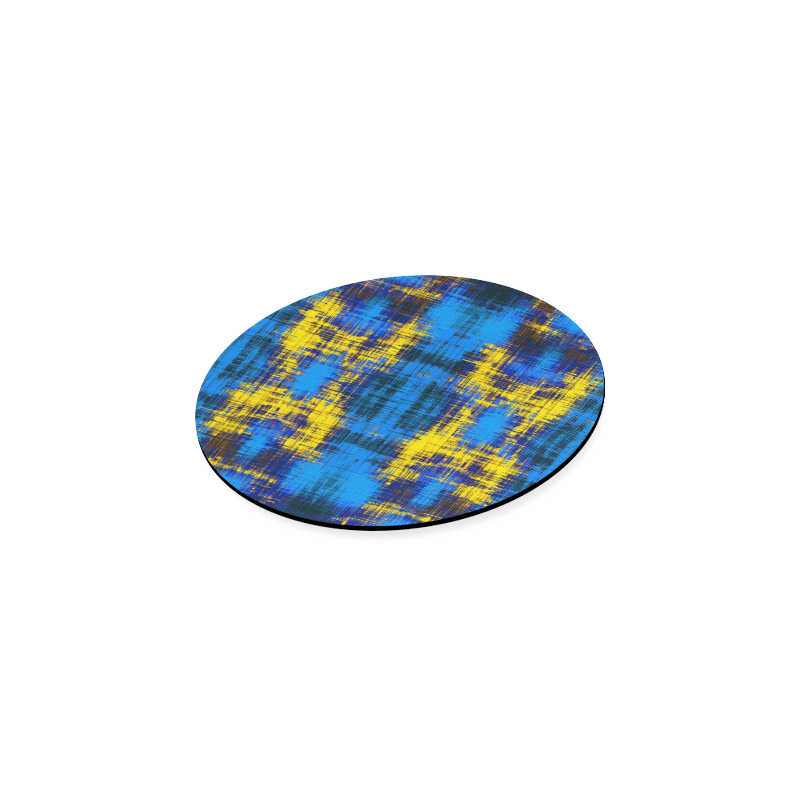 geometric plaid pattern painting abstract in blue yellow and black Round Coaster