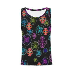 skull art portrait and roses in pink purple blue yellow with black background All Over Print Tank Top for Women (Model T43)