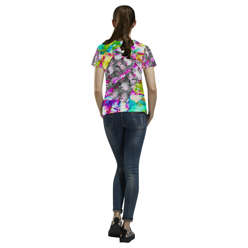 camouflage psychedelic splash painting abstract in pink blue yellow green purple All Over Print T-Shirt for Women (USA Size) (Model T40)