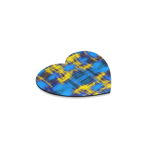 geometric plaid pattern painting abstract in blue yellow and black Heart Coaster