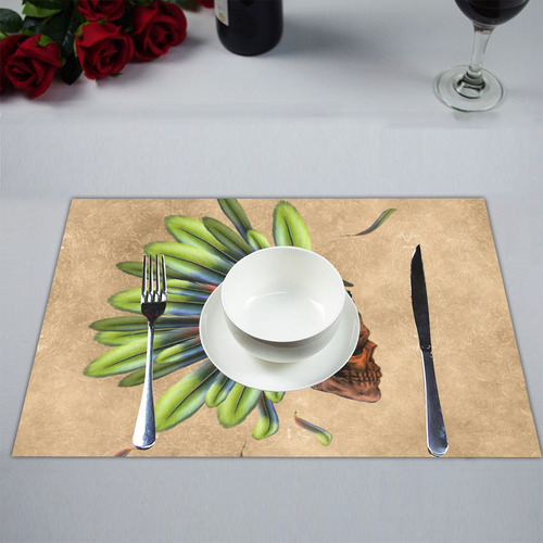 Amazing skull with feathers and flowers Placemat 14’’ x 19’’