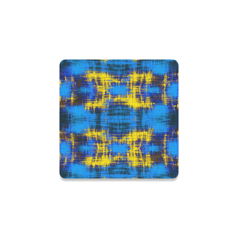 geometric plaid pattern painting abstract in blue yellow and black Square Coaster