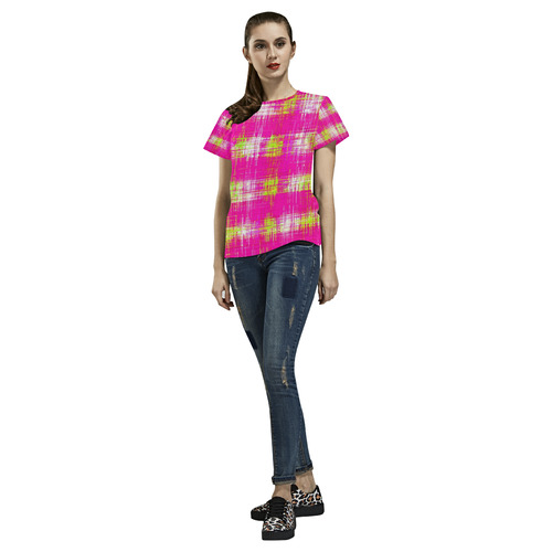 plaid pattern graffiti painting abstract in pink and yellow All Over Print T-Shirt for Women (USA Size) (Model T40)