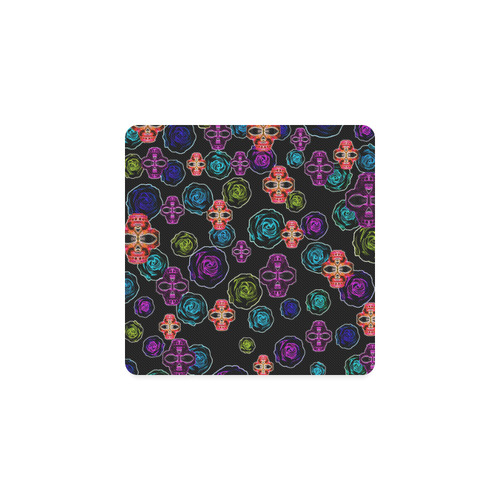 skull art portrait and roses in pink purple blue yellow with black background Square Coaster