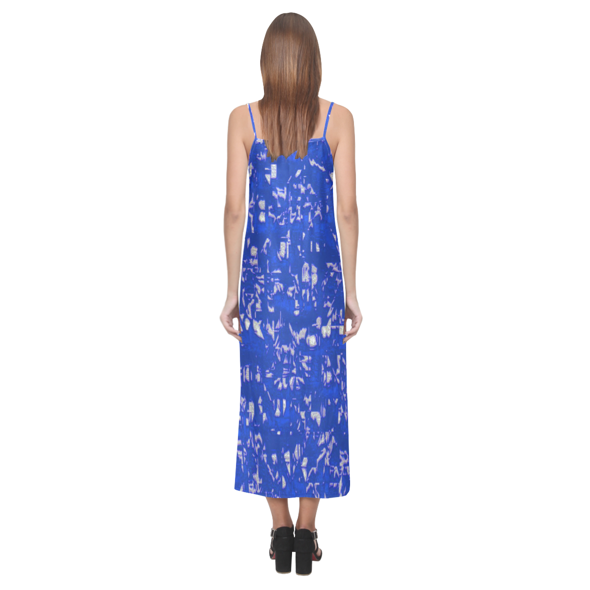 glossy abstract blue by JamColors V-Neck Open Fork Long Dress(Model D18)
