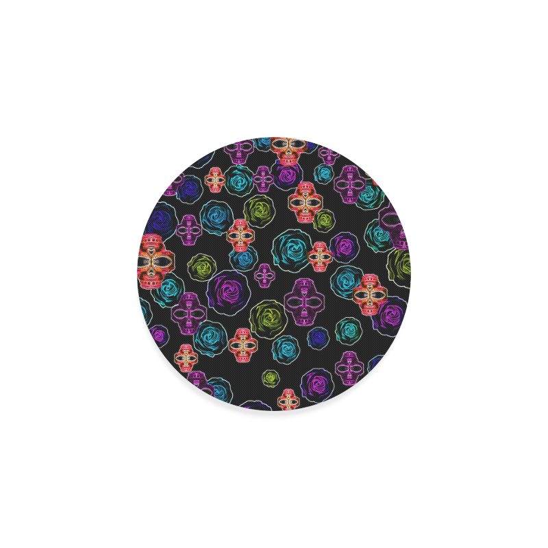 skull art portrait and roses in pink purple blue yellow with black background Round Coaster