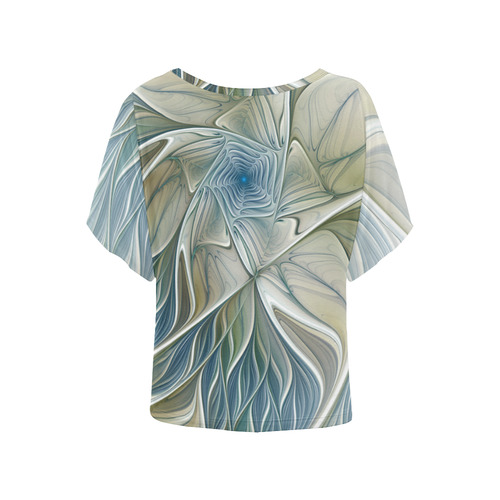 Floral Fantasy Pattern Abstract Blue Khaki Fractal Women's Batwing-Sleeved Blouse T shirt (Model T44)