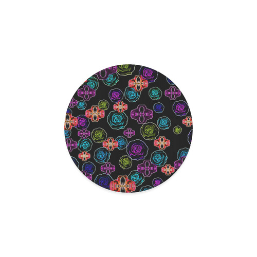 skull art portrait and roses in pink purple blue yellow with black background Round Coaster