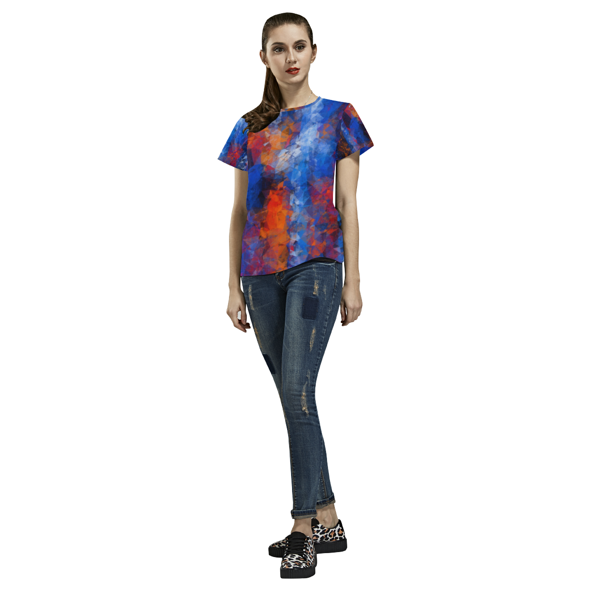 psychedelic geometric polygon shape pattern abstract in red orange blue All Over Print T-Shirt for Women (USA Size) (Model T40)