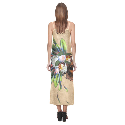 Amazing skull with feathers and flowers V-Neck Open Fork Long Dress(Model D18)
