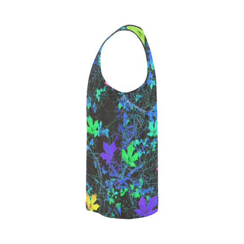 maple leaf in pink green purple blue yellow with blue creepers plants background All Over Print Tank Top for Men (Model T43)