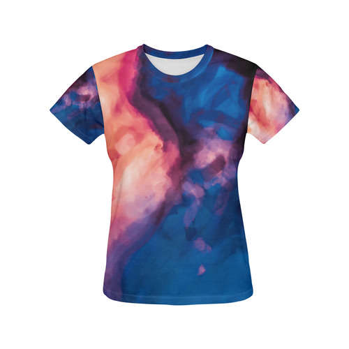 psychedelic milky way splash painting texture abstract background in red purple blue All Over Print T-Shirt for Women (USA Size) (Model T40)