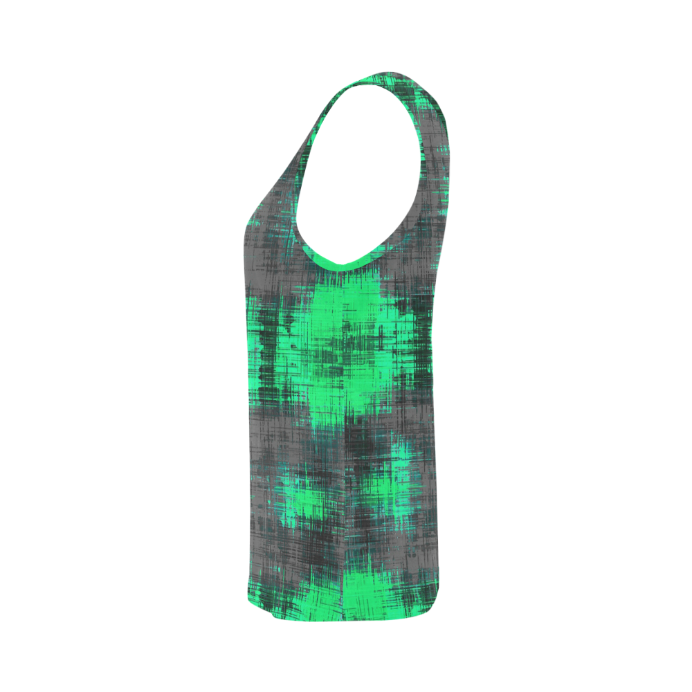 psychedelic geometric plaid abstract pattern in green and black All Over Print Tank Top for Women (Model T43)
