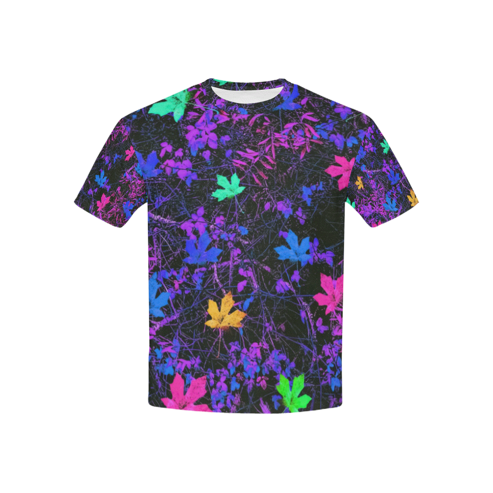 maple leaf in pink blue green yellow purple with pink and purple creepers plants background Kids' All Over Print T-shirt (USA Size) (Model T40)