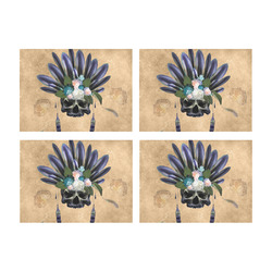 Cool skull with feathers and flowers Placemat 14’’ x 19’’ (Set of 4)