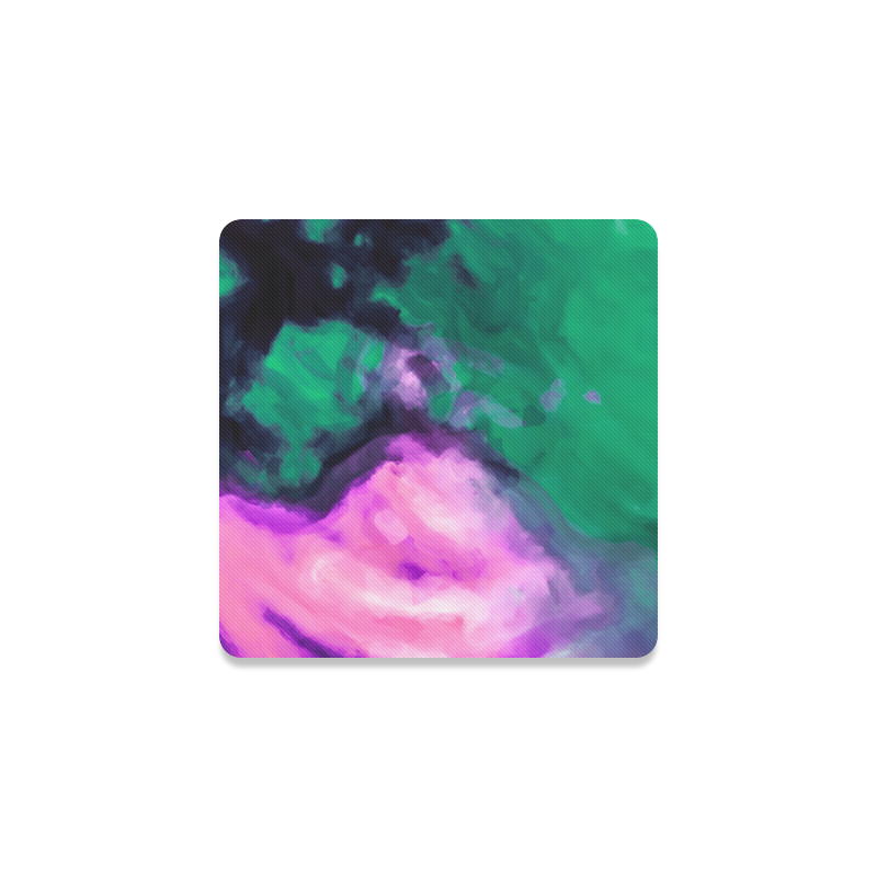 psychedelic splash painting texture abstract background in green and pink Square Coaster