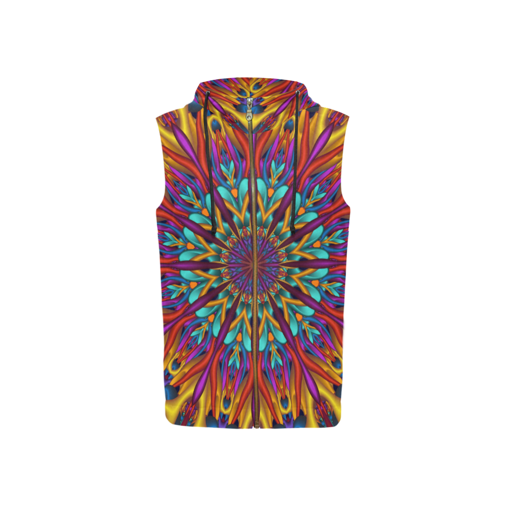 Psychedelic 3D fractal mandala All Over Print Sleeveless Zip Up Hoodie for Women (Model H16)