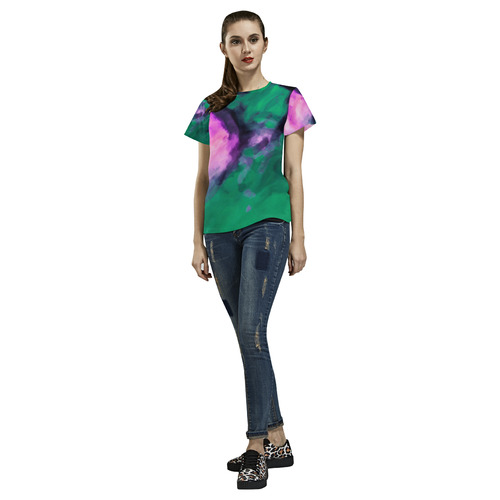 psychedelic splash painting texture abstract background in green and pink All Over Print T-Shirt for Women (USA Size) (Model T40)