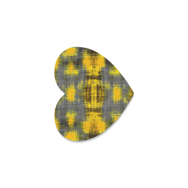 geometric plaid pattern painting abstract in yellow brown and black Heart Coaster