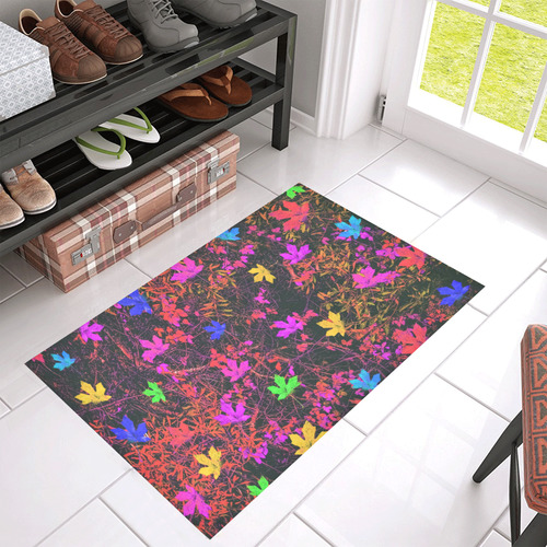 maple leaf in yellow green pink blue red with red and orange creepers plants background Azalea Doormat 30" x 18" (Sponge Material)