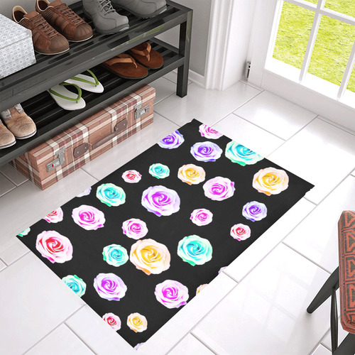 colorful roses in pink purple green yellow with black background Azalea Doormat 30" x 18" (Sponge Material)