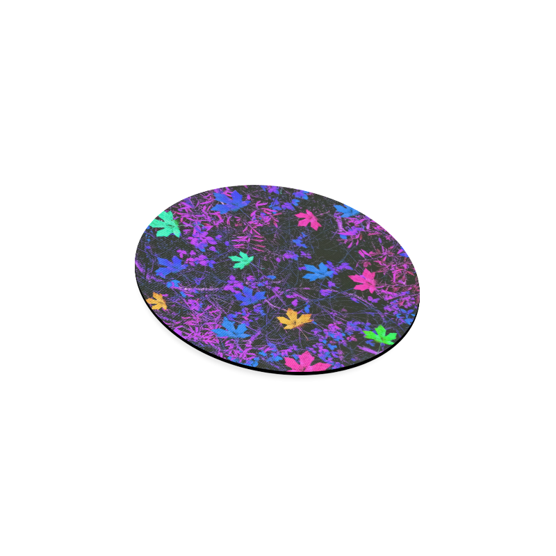 maple leaf in pink blue green yellow purple with pink and purple creepers plants background Round Coaster